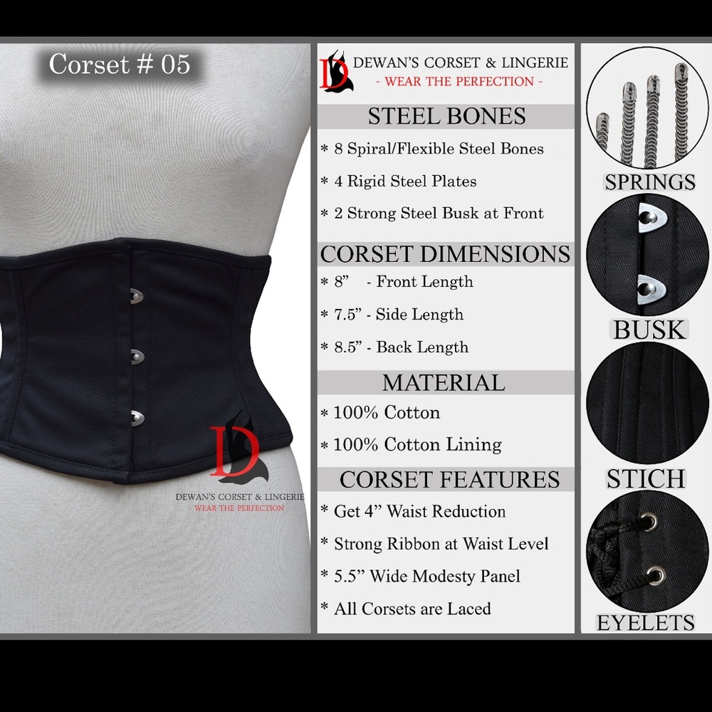 Dewans Corset Black Steel Boned Corset 5X for Waist Size 42”
